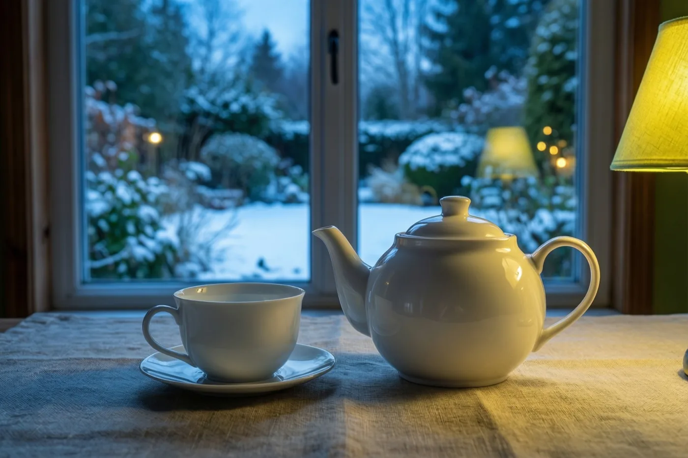 Een witte porseleinen theepot en een kopje staan op een linnen tafelkleed met structuur naast een hoog raam, met warm licht binnen en een besneeuwde tuin onder een donkerblauwe schemerhemel buiten.