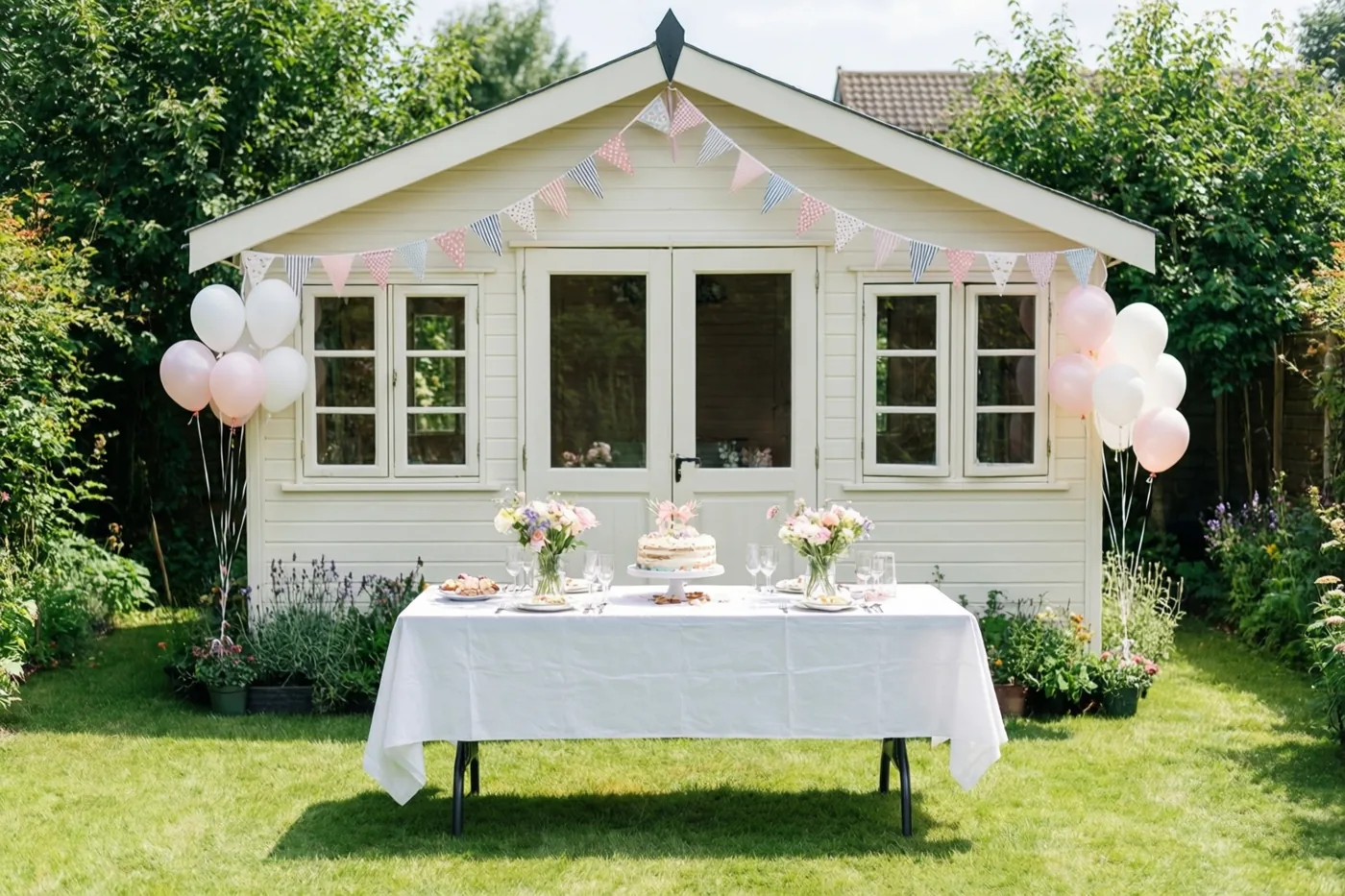 Een wit tuinhuis met roze en witte vlaggetjes en ballonnen staat achter een tafel met een wit kleed, een taart en bloemstukken op een groen gazon.
