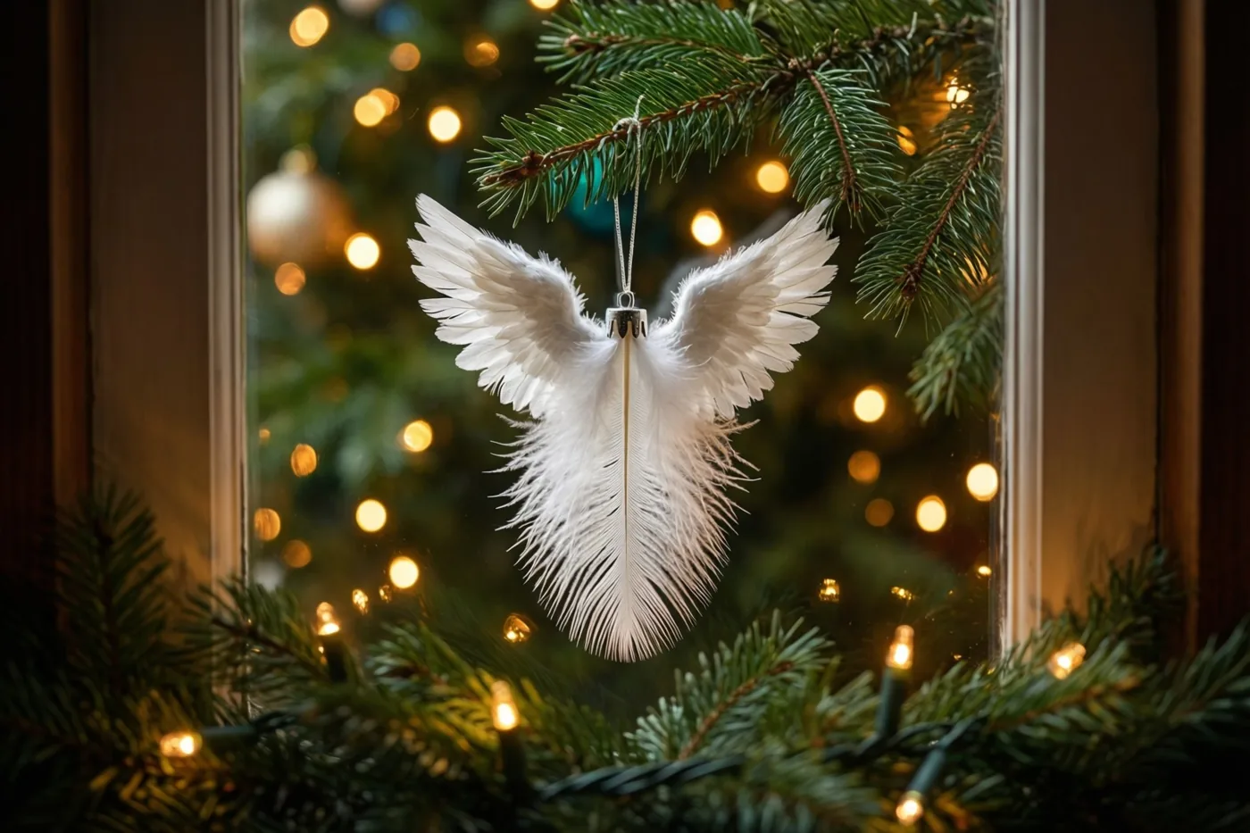 Een wit engelenornament van veren hangt aan een dennentak, omlijst door een raam met warm gloeiende kerstlichtjes op de achtergrond.