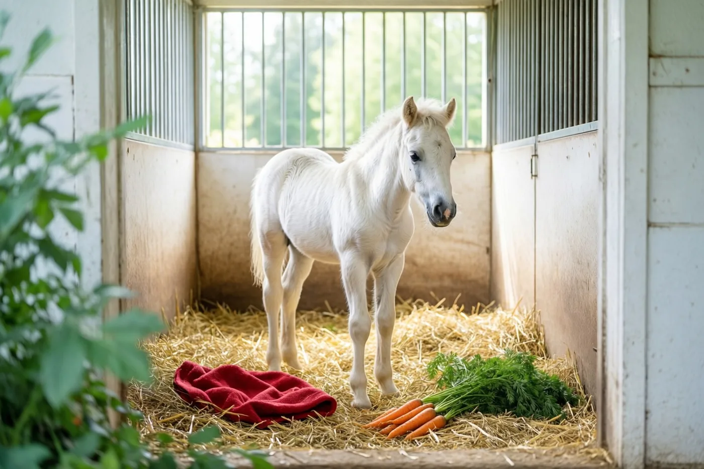 Een wit veulen staat in een stal met stro naast een rode deken en een bos wortels, verlicht door daglicht uit een raam met tralies.