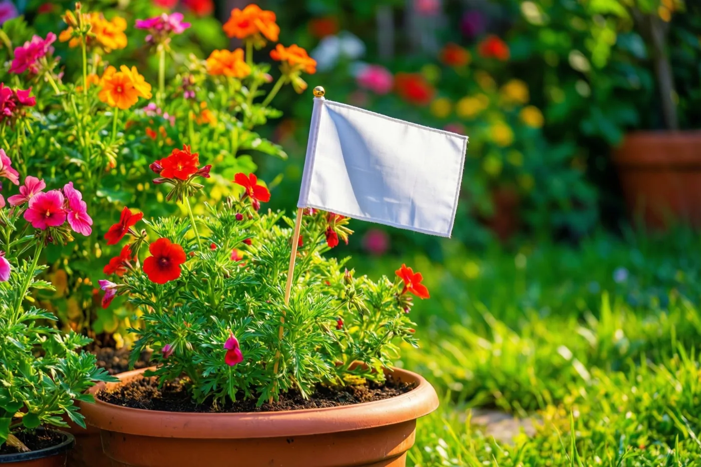 Een wit vlaggetje staat in een terracotta pot met rode en roze bloemen in een zonnige tuin met gras en andere bloemen.