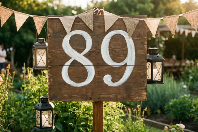Een rustiek houten bord met 89 in witte verf staat in een tuin tussen juten vlaggetjes en hangende lantaarns in warm goudkleurig zonlicht.