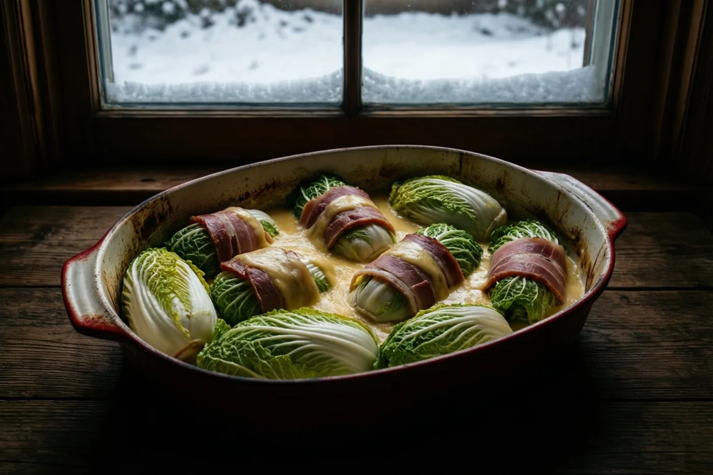 Een ovenschotel met witloofrolletjes in hesp en kaassaus staat op een houten oppervlak voor een raam met sneeuw.