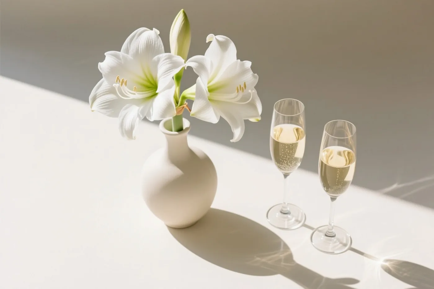 Een witte amaryllis in een witte vaas staat naast twee champagneglazen op een witte ondergrond in fel zonlicht met scherpe schaduwen.