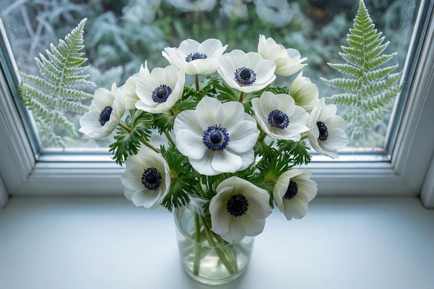 Een boeket witte anemonen met donkere hartjes staat in een doorzichtige glazen vaas op een vensterbank, met berijpte varens zichtbaar op de ruit erachter.