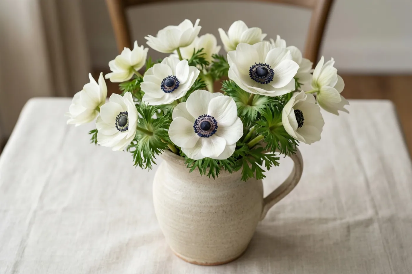 Witte anemonen met donkere harten staan in een beige aardewerken kan op een licht linnen tafelkleed in zacht licht.