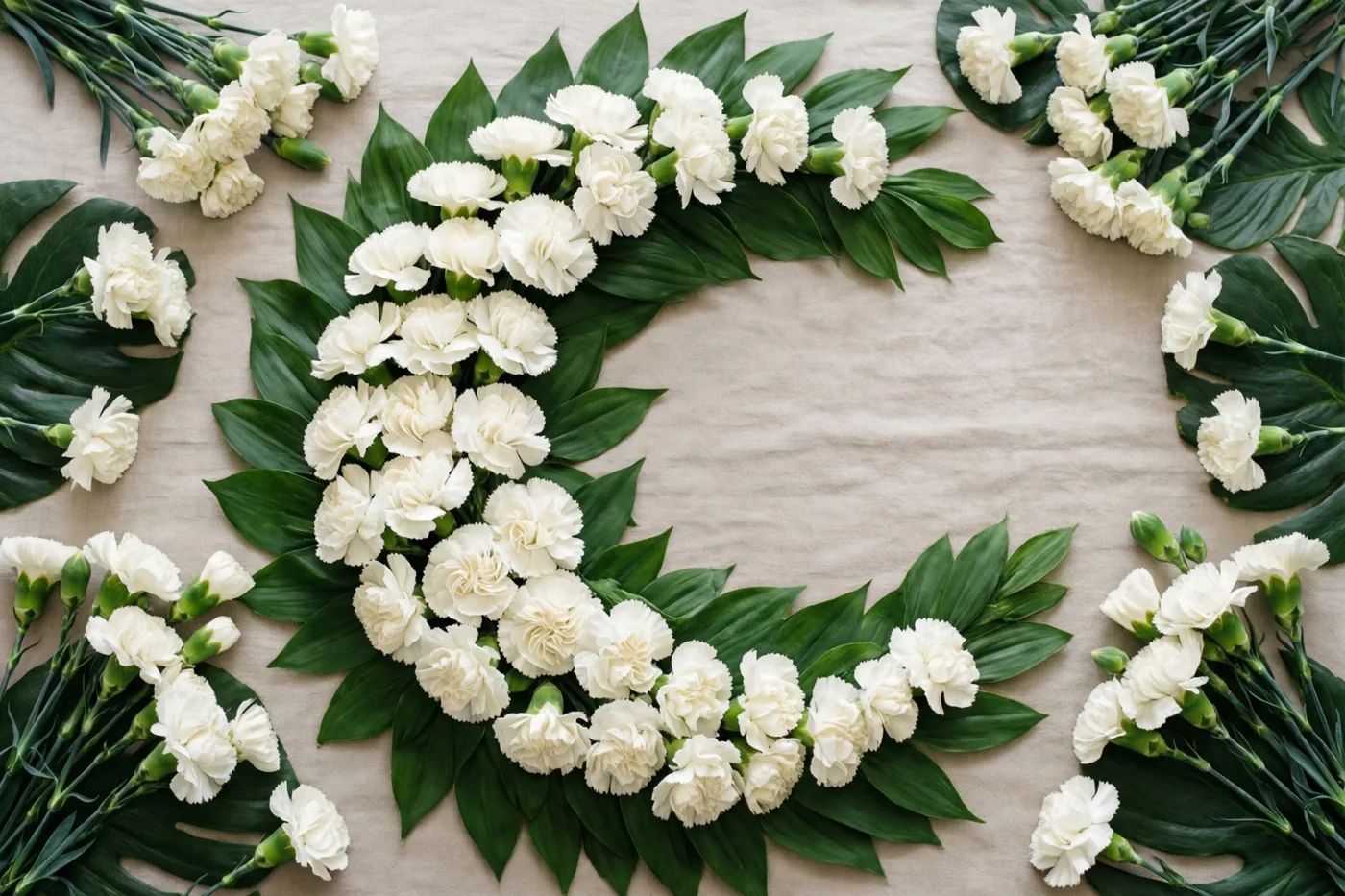 Een maansikkelvormig bloemstuk van witte anjers en groene bladeren ligt op een beige stoffen ondergrond.