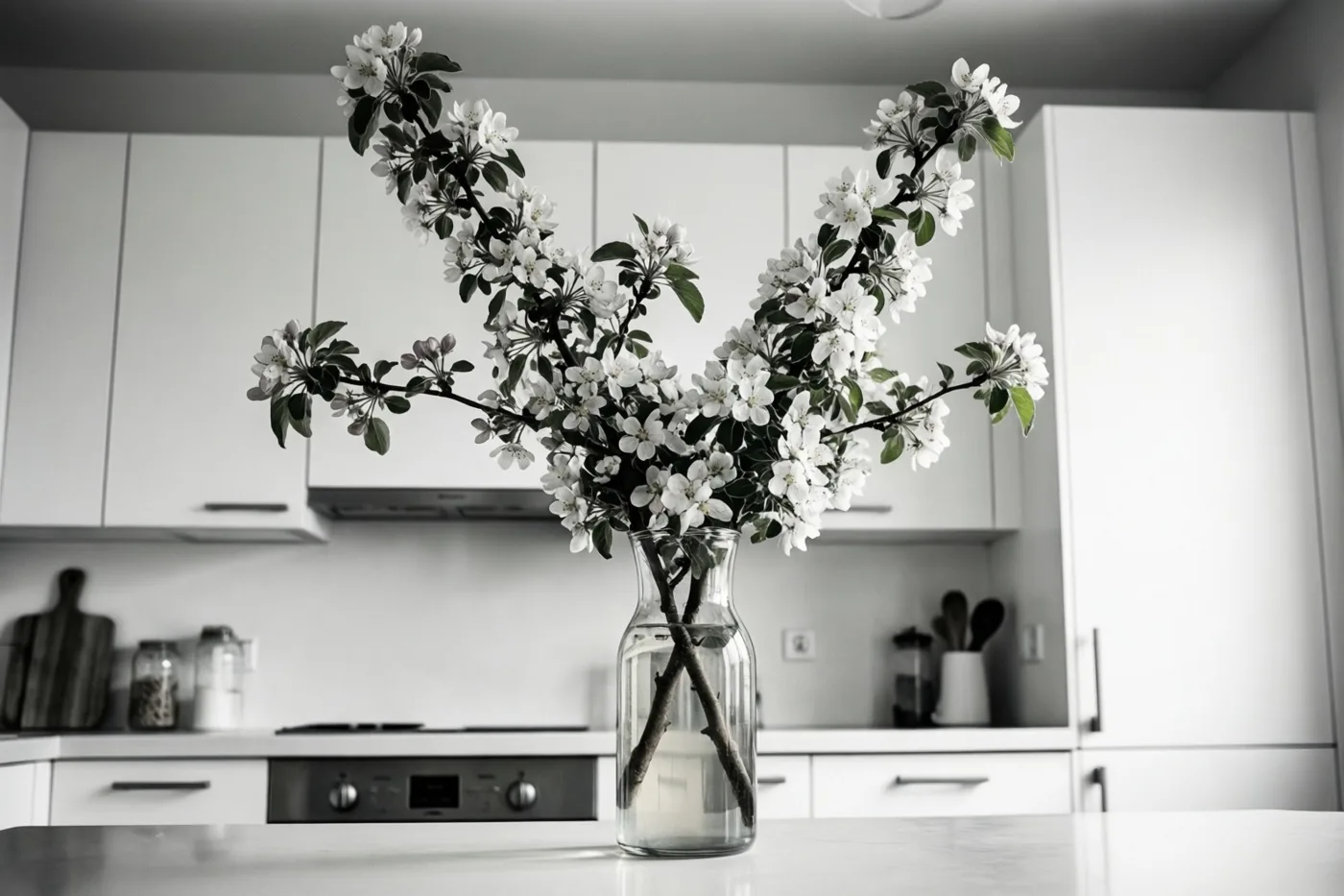 Een hoge glazen kan met een tak witte appelbloesems staat op een wit keukenwerkblad, met witte kasten en een neutrale achtergrond.