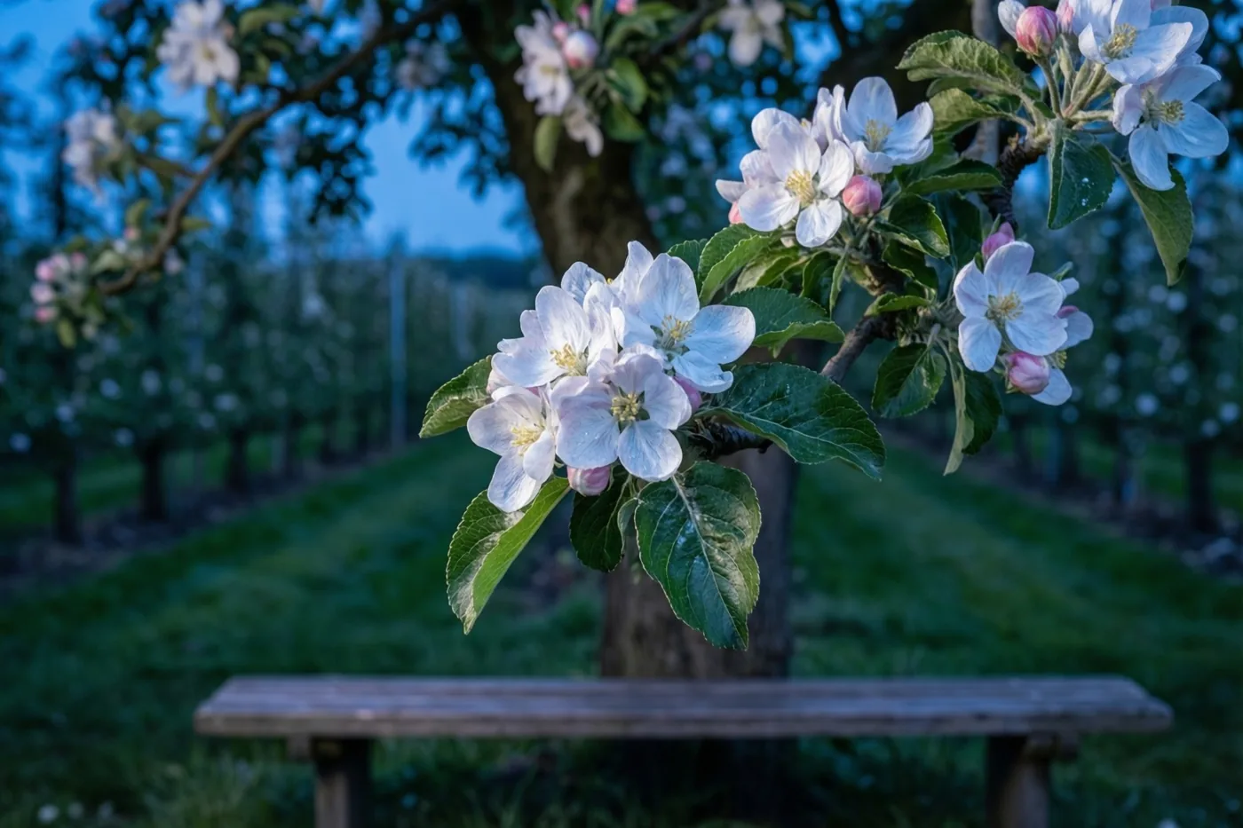 Witte appelbloesems en groene bladeren zijn van dichtbij te zien, met een houten bank onder de boom en een wazige boomgaard onder een blauwe schemerhemel.