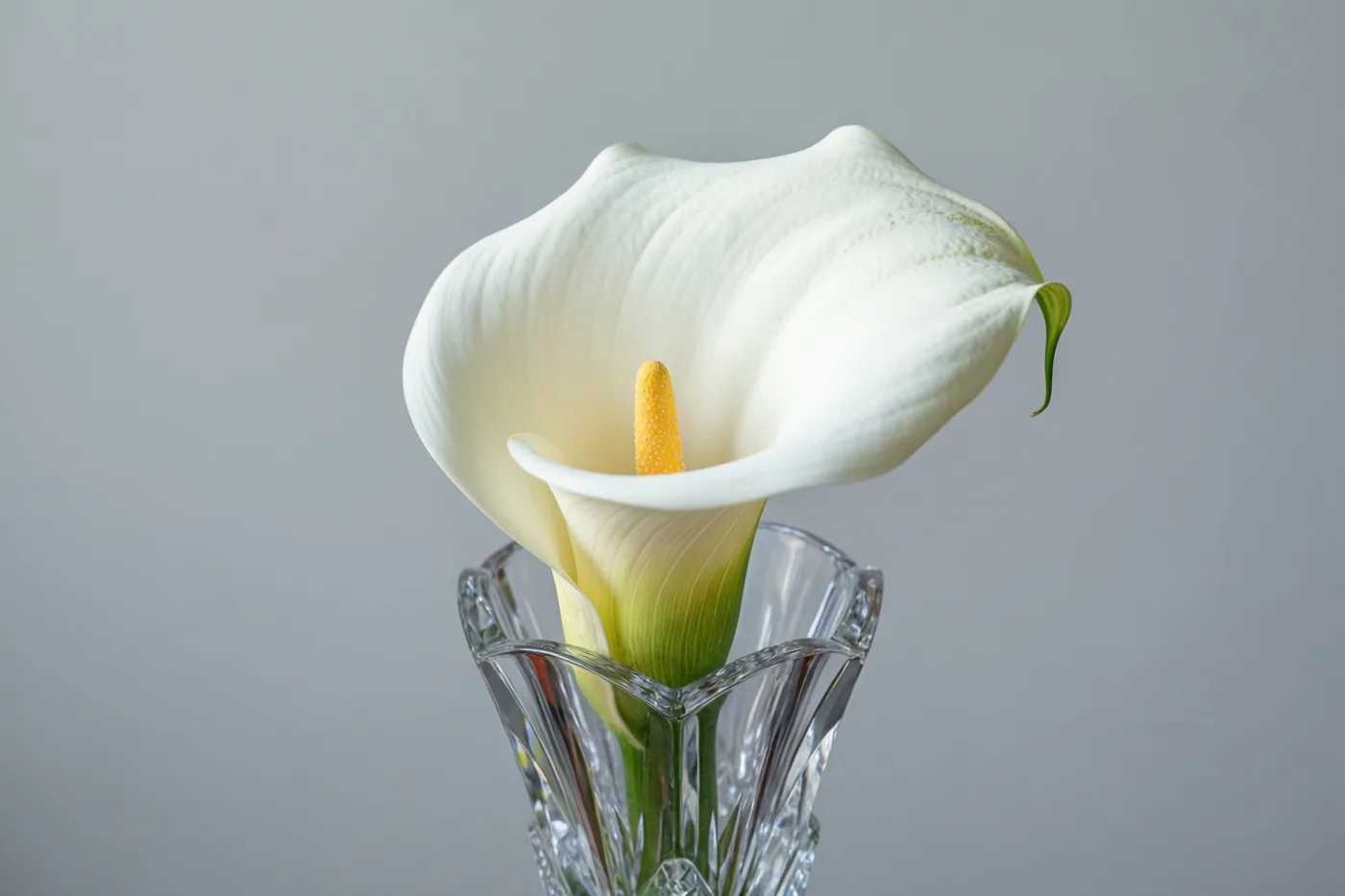 Een witte aronskelk staat in een geslepen kristallen vaas tegen een effen grijze achtergrond, met zacht licht op de gebogen bloem en de facetten van de vaas.