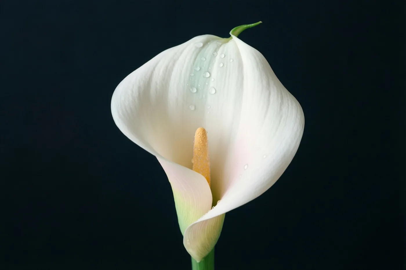 Een witte aronskelk met waterdruppels op het bloemblad staat centraal tegen een zwarte achtergrond, met roomwitte en lichtgele tinten in de bloem.