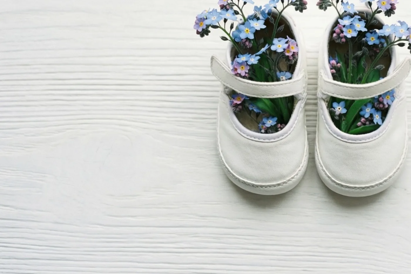 Een paar kleine witte babyschoentjes gevuld met blauwe en paarse vergeet-mij-nietjes staat op een wit houten oppervlak.