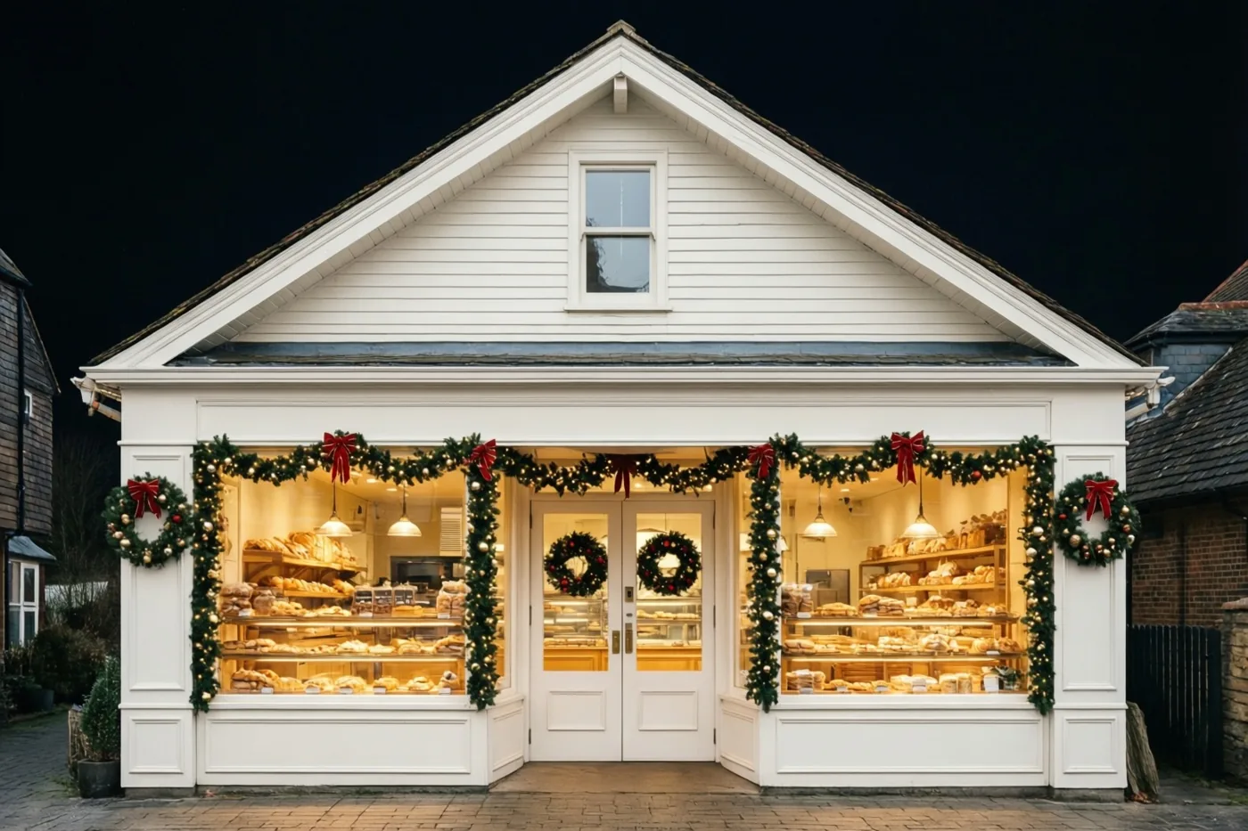 Een witte dorpsbakkerij met trapgevel is 's nachts versierd met kerstslingers, lichtjes en kransen rond ramen en deuren, met gebak op de verlichte rekken binnen.