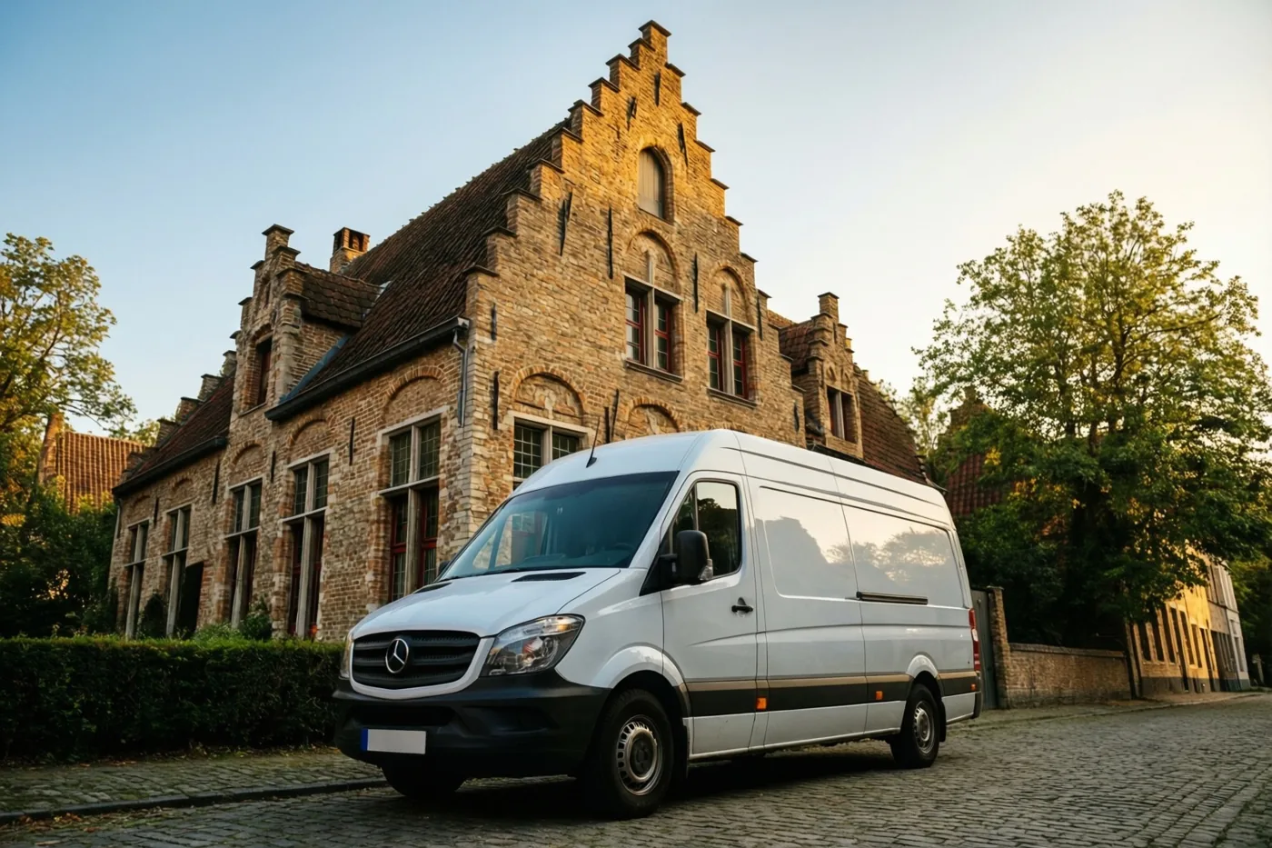 Een witte Mercedes-Benz Sprinter staat in goudkleurig zonlicht op een kasseistraat voor een Vlaams bakstenen huis met een trapgevel.