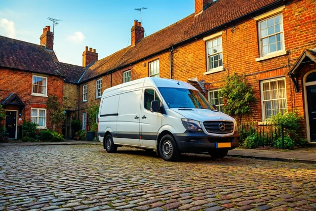 Een witte bestelwagen staat op een kasseistraat voor traditionele bakstenen rijhuizen in warm, goudkleurig zonlicht.