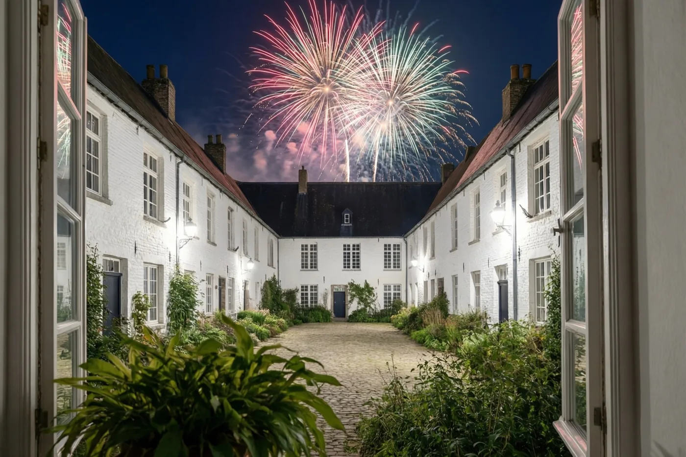 Open ramen omlijsten een binnenplaats met witgekalkte huizen en een kasseipad, met rood, groen en wit vuurwerk in de donkere hemel erboven.