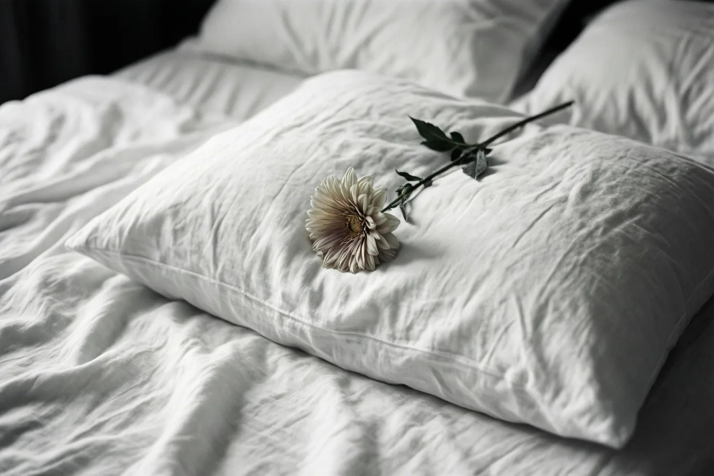 Een witte bloem met een groene steel ligt op een gekreukt wit hoofdkussen op een zacht verlicht bed.