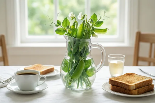 Een glazen kan met groene lathyrusplanten en witte bloemen staat op een wit tafelkleed naast koffie, een glas melk en borden toast bij een helder raam.