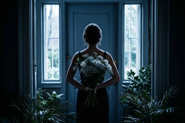 Een persoon staat van achteren gezien voor een blauwe voordeur met een boeket witte bloemen achter de rug, in gedempt blauw licht met groene planten op de voorgrond.