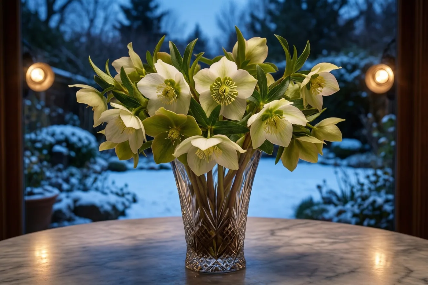 Een kristallen vaas met witte nieskruidbloemen staat op een marmeren tafel, met warm licht binnen en een besneeuwde tuin in koele blauwe tinten achter het raam.