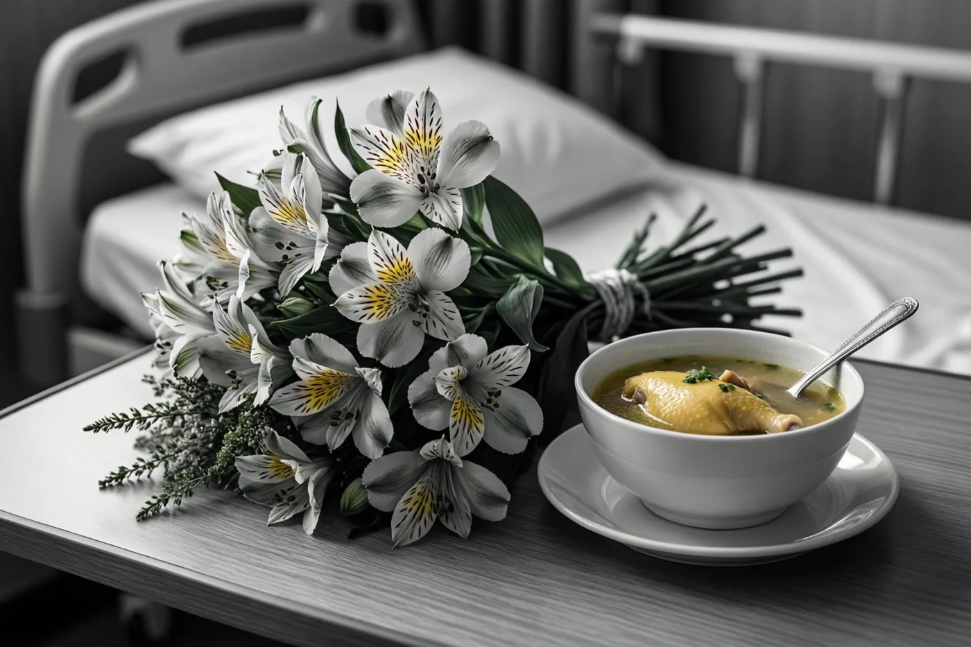 Op een bedtafeltje in een ziekenhuiskamer staan witte alstroemeria’s naast een witte kom kippensoep met een lepel, met een bed op de achtergrond.