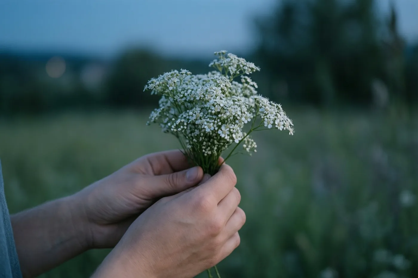 Twee handen houden een klein bosje fijne witte bloemen vast tegen een wazig groen veld en een schemerblauwe hemel.