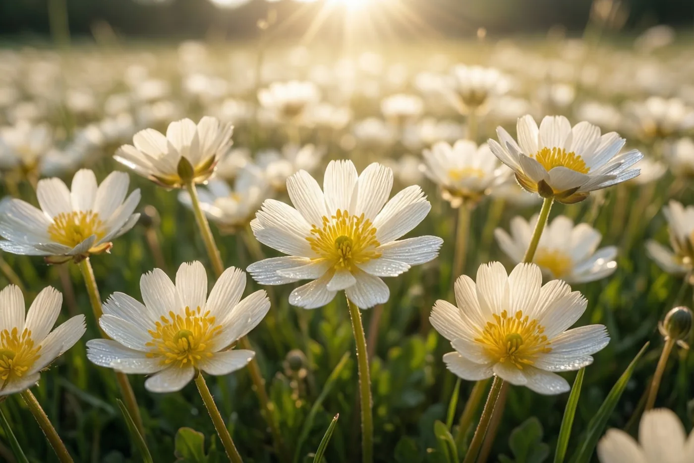 Witte bloemen met gele hartjes staan in een weide, van onderaf gezien in het warme gouden licht van de late zon.