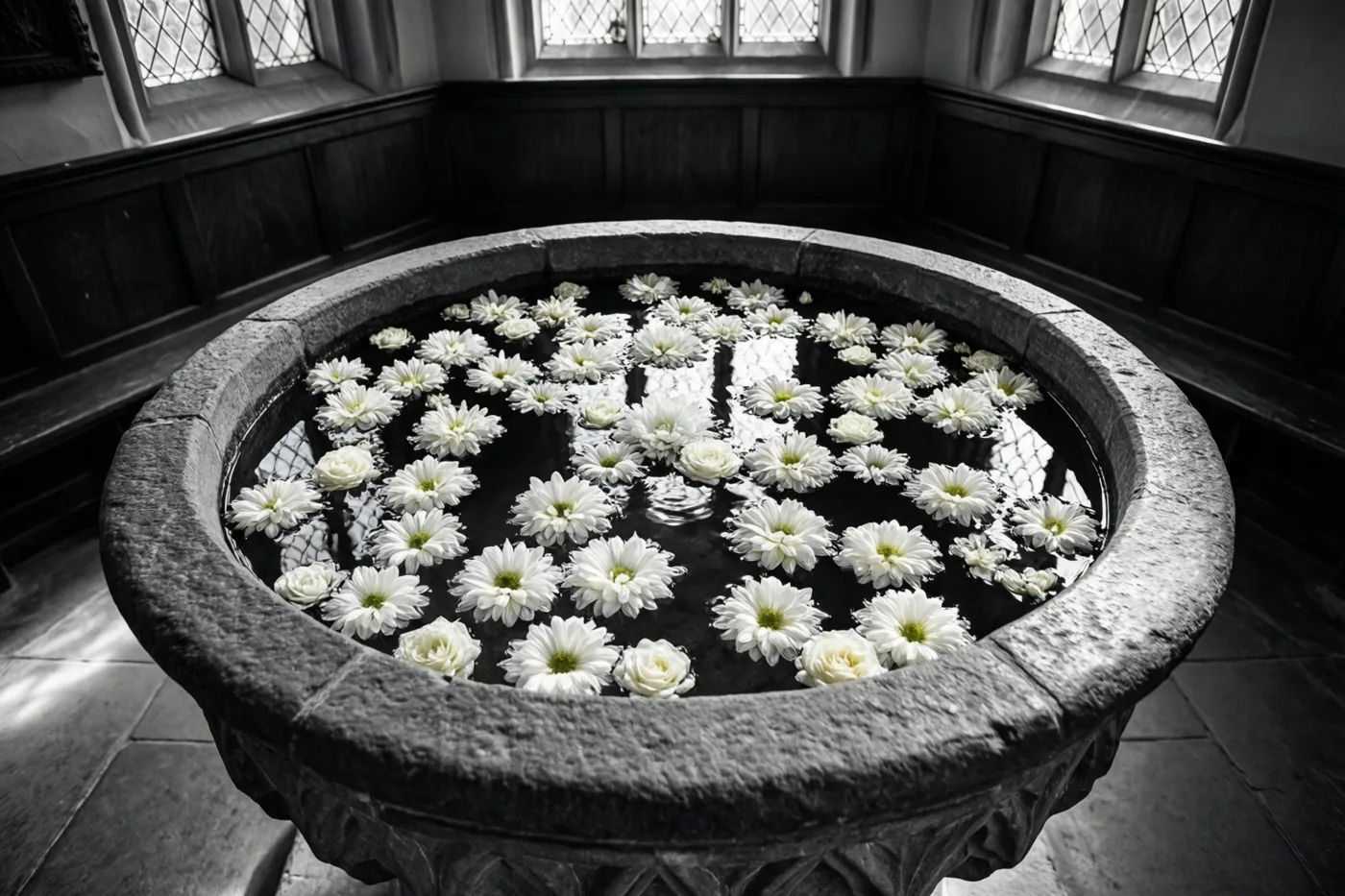 Witte bloemen drijven in een groot stenen doopvont in een kerk waar zonlicht door de ramen naar binnen stroomt.