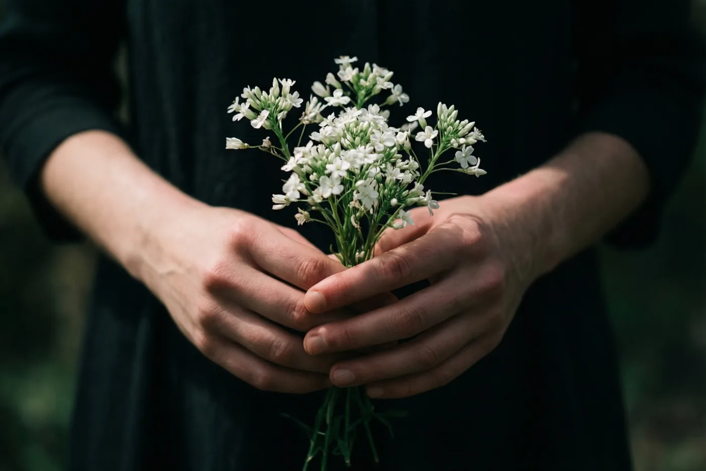 Iemand in donkere kleding houdt met beide handen een klein bosje witte bloemen vast, in zacht licht tegen een wazige achtergrond.