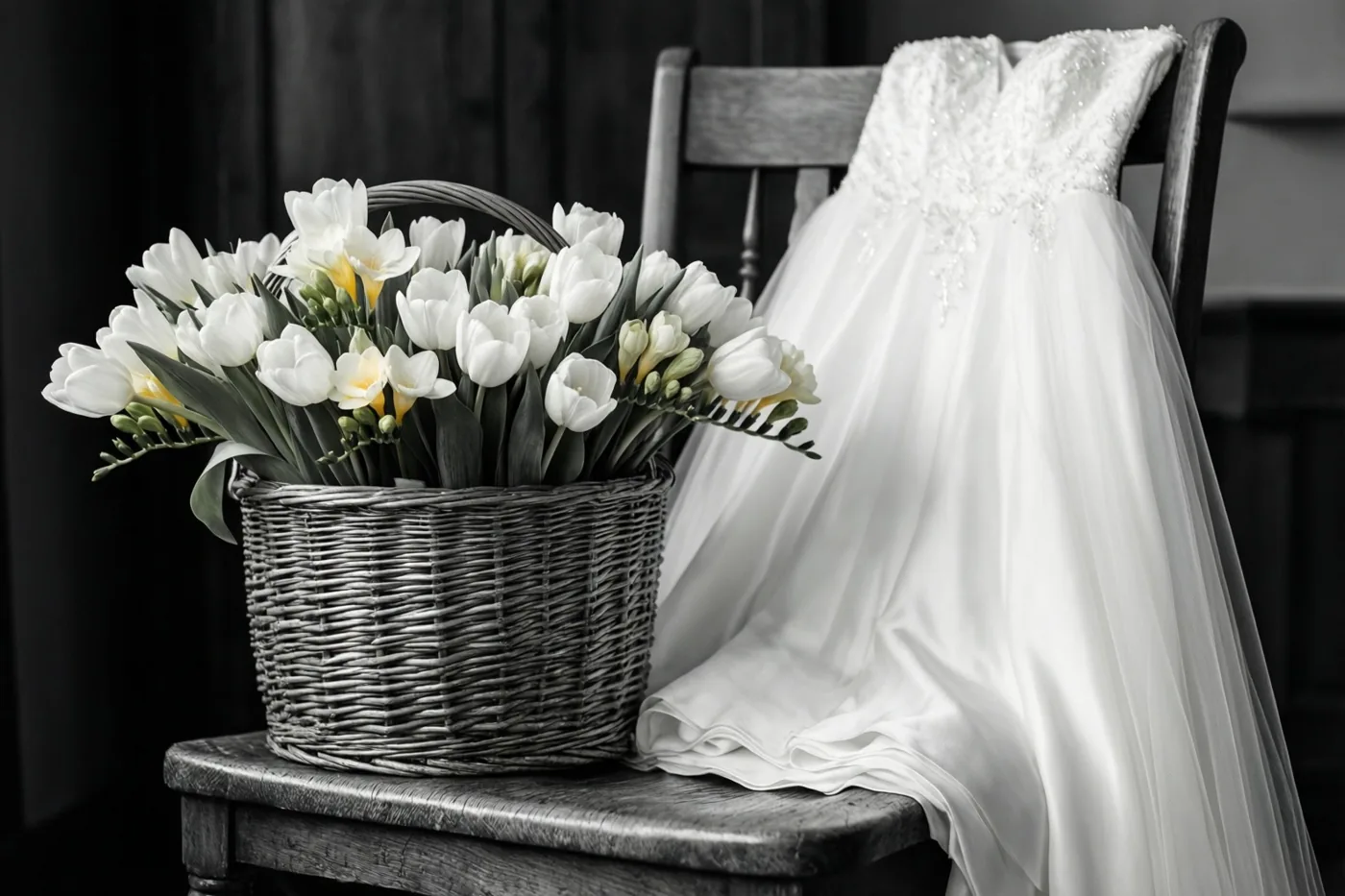 Een mand met witte tulpen en fresia's staat naast een opgevouwen wit doopjurkje over een houten stoel, tegen een donkere achtergrond in gedempte tinten.