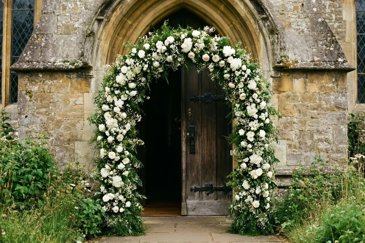 Een volle slinger van witte bloemen en groen vormt een boog boven de donkere houten deur van een oude stenen kerk, met groen rondom de ingang.