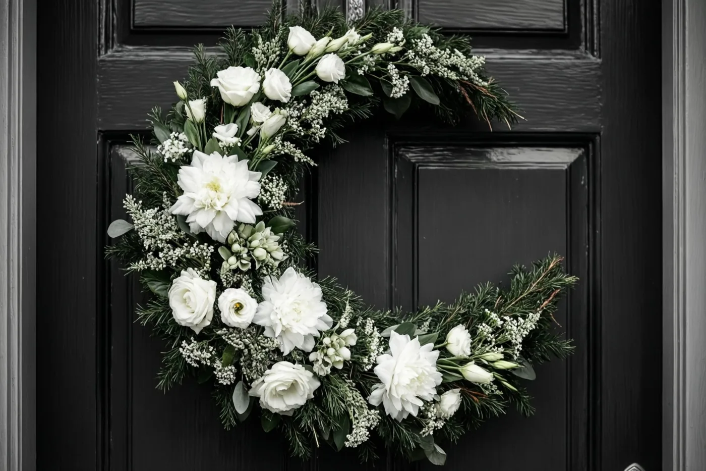 Een krans in de vorm van een maansikkel, gemaakt van witte bloemen en groen, hangt aan een donkere voordeur.