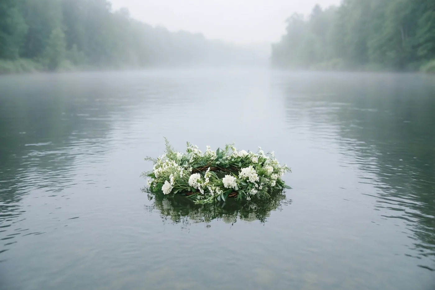 Een kleine krans van witte bloemen drijft op een kalme rivier onder laaghangende mist in een bosrijke omgeving met groene en grijze tinten.
