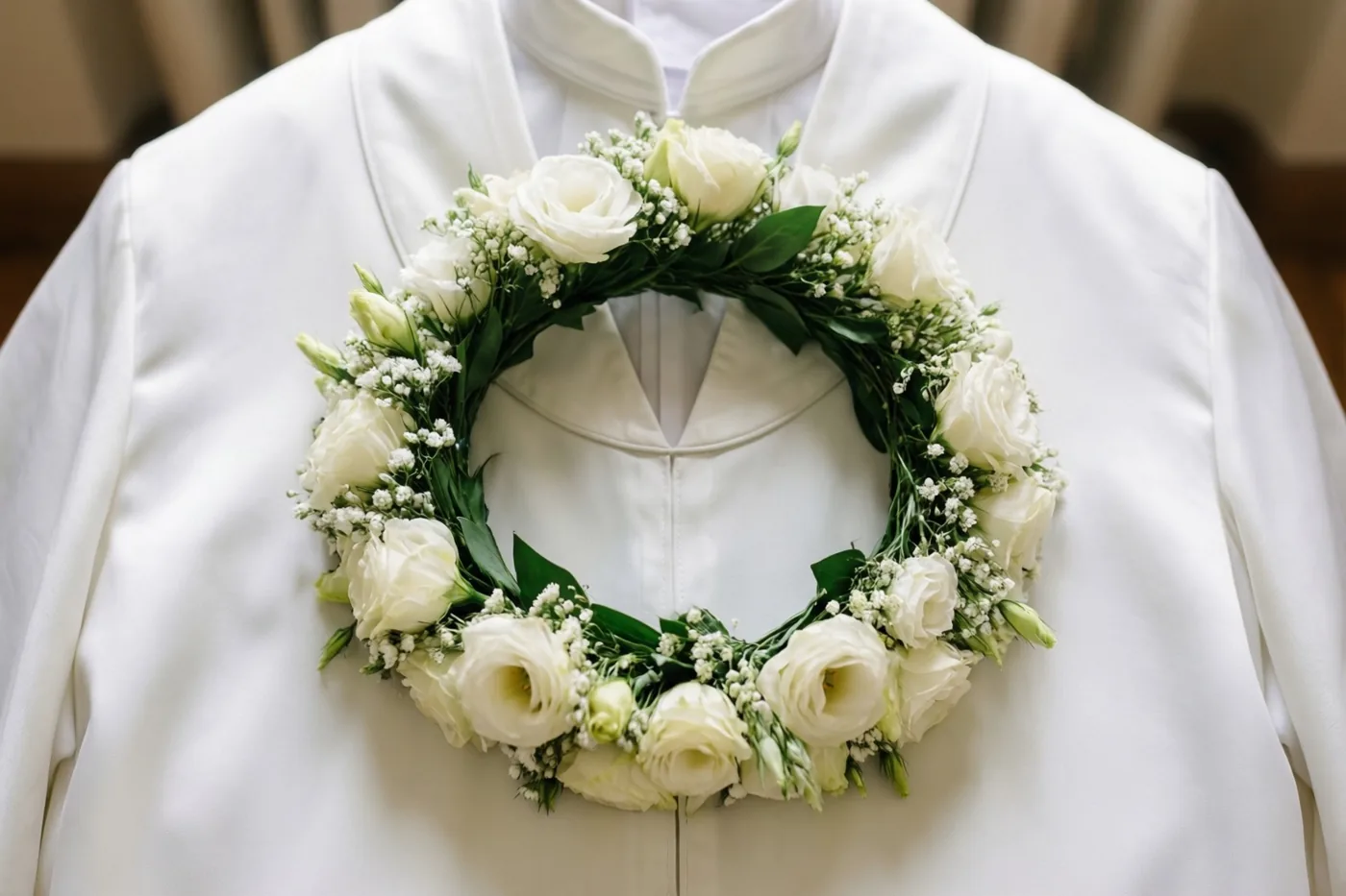 Een ronde kroon van witte bloemen ligt op de borst van een wit communiegewaad in zacht ochtendlicht.