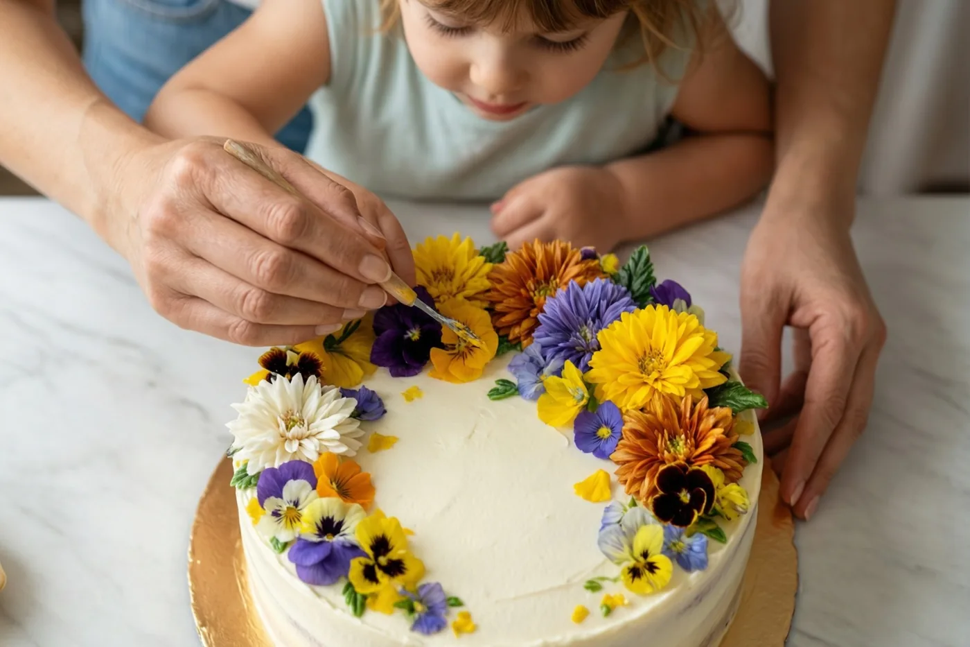 Een moeder en kind versieren een wit geglazuurde taart met kleurrijke eetbare bloemen op een marmeren werkblad.