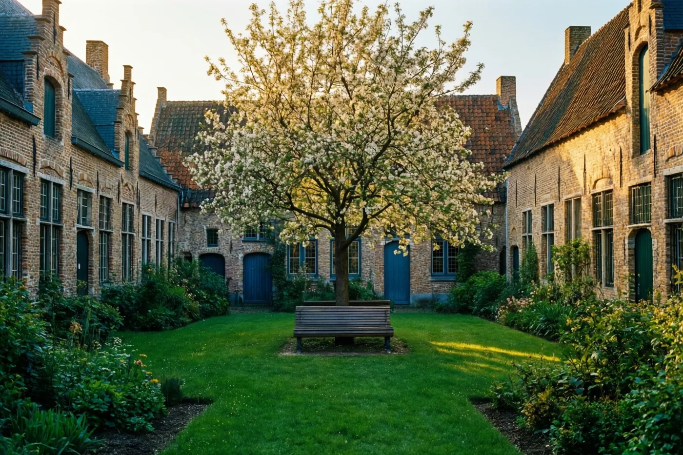 Een houten bank staat onder een witbloeiende boom in een binnentuin, omringd door bakstenen gebouwen met donkere daken en blauwe deuren onder een goudkleurige avondlucht.