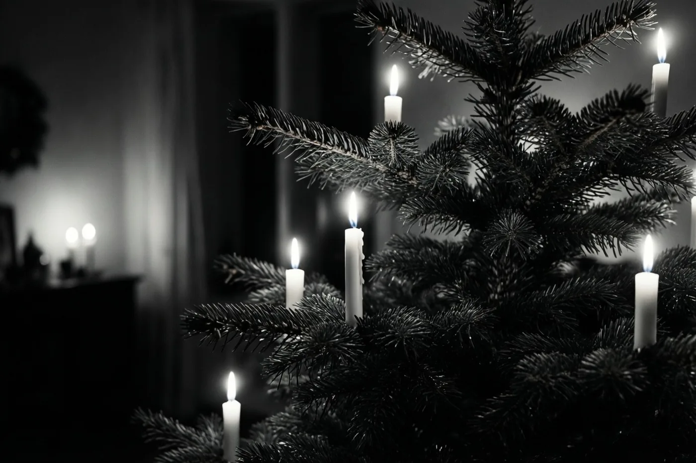 Een zwart-witfoto toont van dichtbij een donkere kerstboom met brandende witte kaarsen op de takken in een schemerige kamer met zachte lichtjes op de achtergrond.