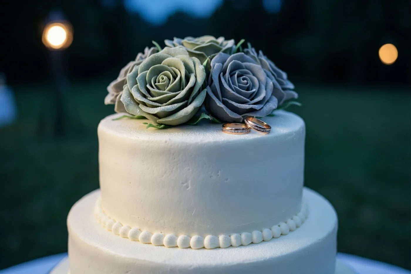 Een witte bruidstaart van twee lagen met suikerrozen en twee kleine ringen bovenop staat buiten tegen een zacht verlichte avondachtergrond.