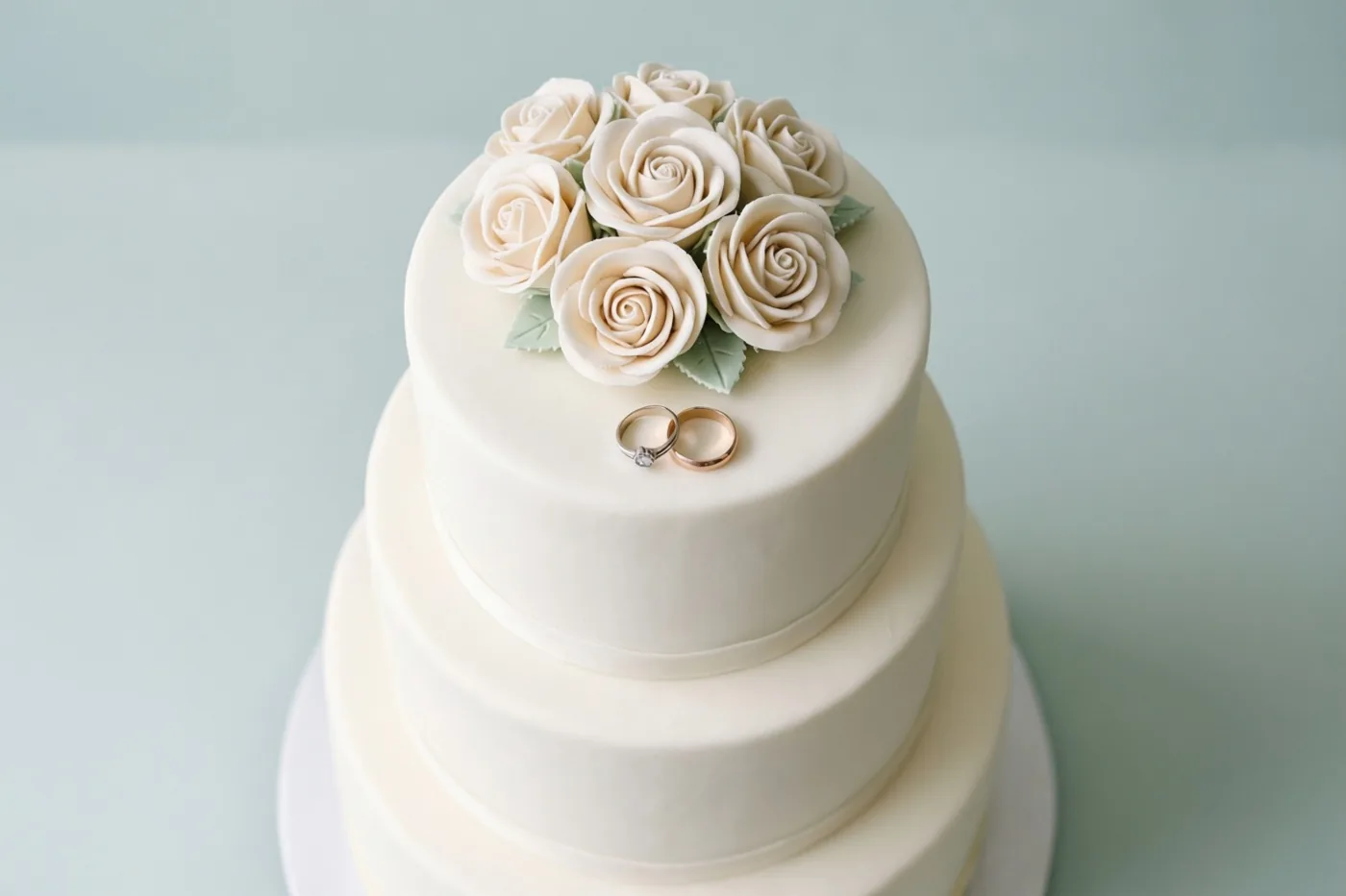 Een witte bruidstaart van drie lagen met suikerrozen en twee kleine ringen bovenop staat tegen een lichtblauwe achtergrond.