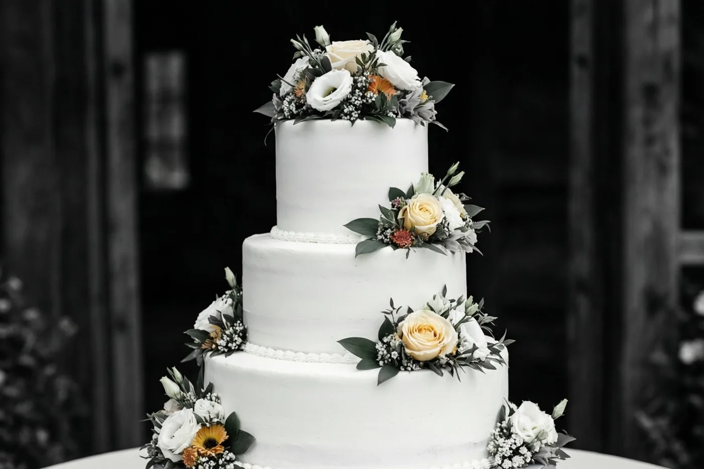 Een witte bruidstaart met drie lagen is versierd met verse bloemen en groen tegen een donkere houten achtergrond.