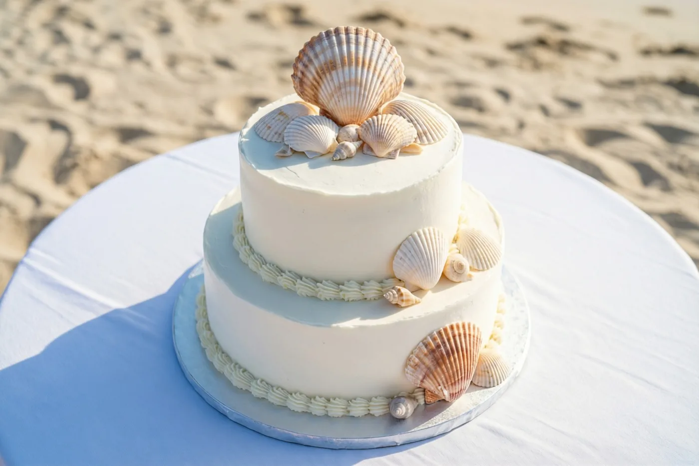 Een witte bruidstaart met twee lagen en schelpen staat op een wit tafelkleed op een zandstrand in warm zonlicht.