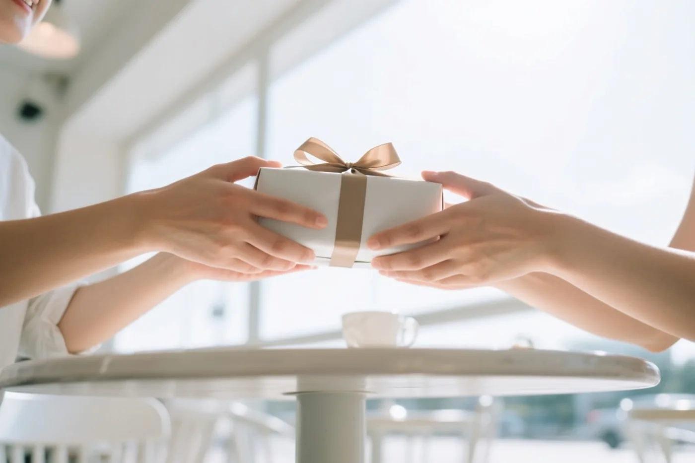 Twee handen geven een witte cadeaudoos met een beige lint door boven een cafétafel tegen een lichte achtergrond.