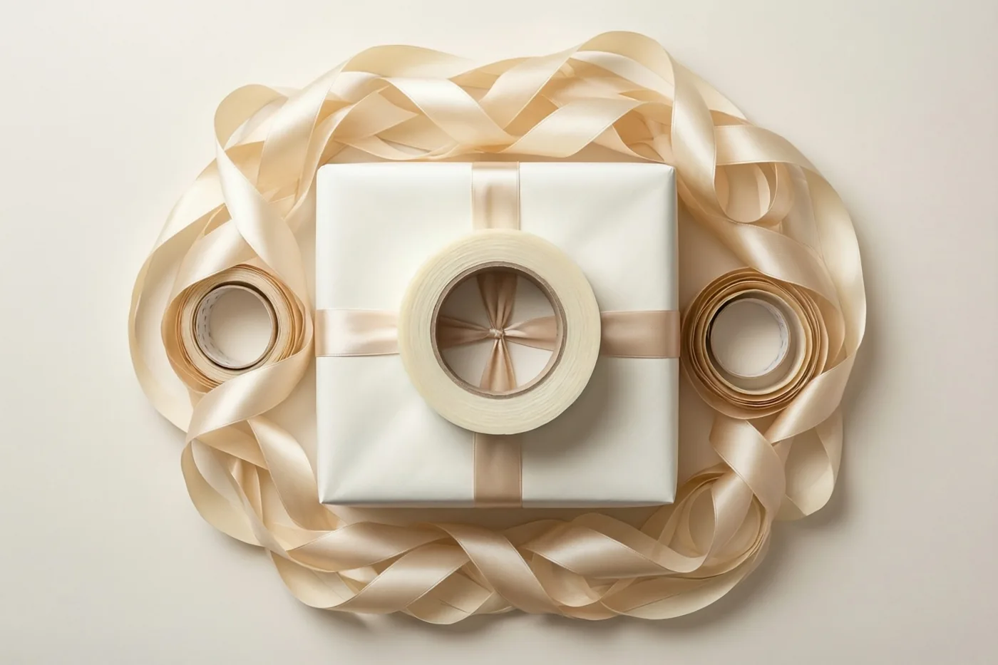 Een witte cadeaudoos met beige lint en een grote rol plakband staat tussen overtollig lint tegen een effen achtergrond.