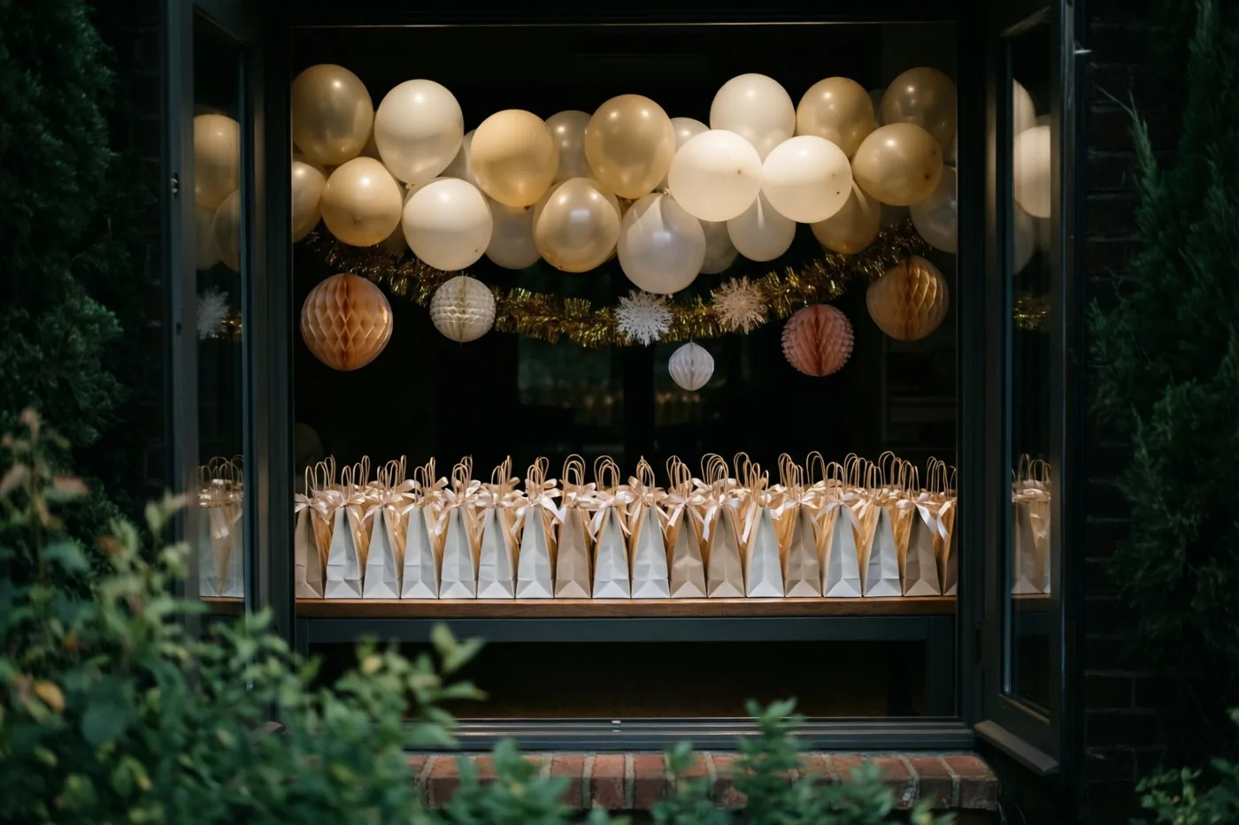 Door een raam bij nacht zijn witte cadeautasjes met linten op een houten bank te zien onder gouden en witte ballonnen en papieren slingers, met groen buiten rond het raam.