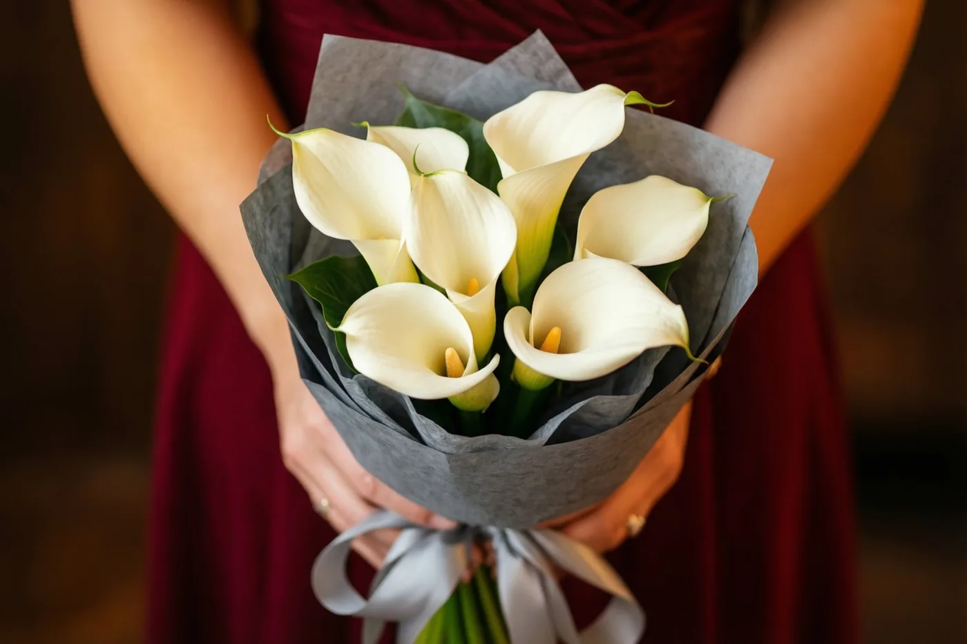 Iemand in een bordeauxrode jurk houdt met twee handen een smal boeket witte calla's in grijs papier met een grijs zijden lint vast tegen een donkere, wazige achtergrond.