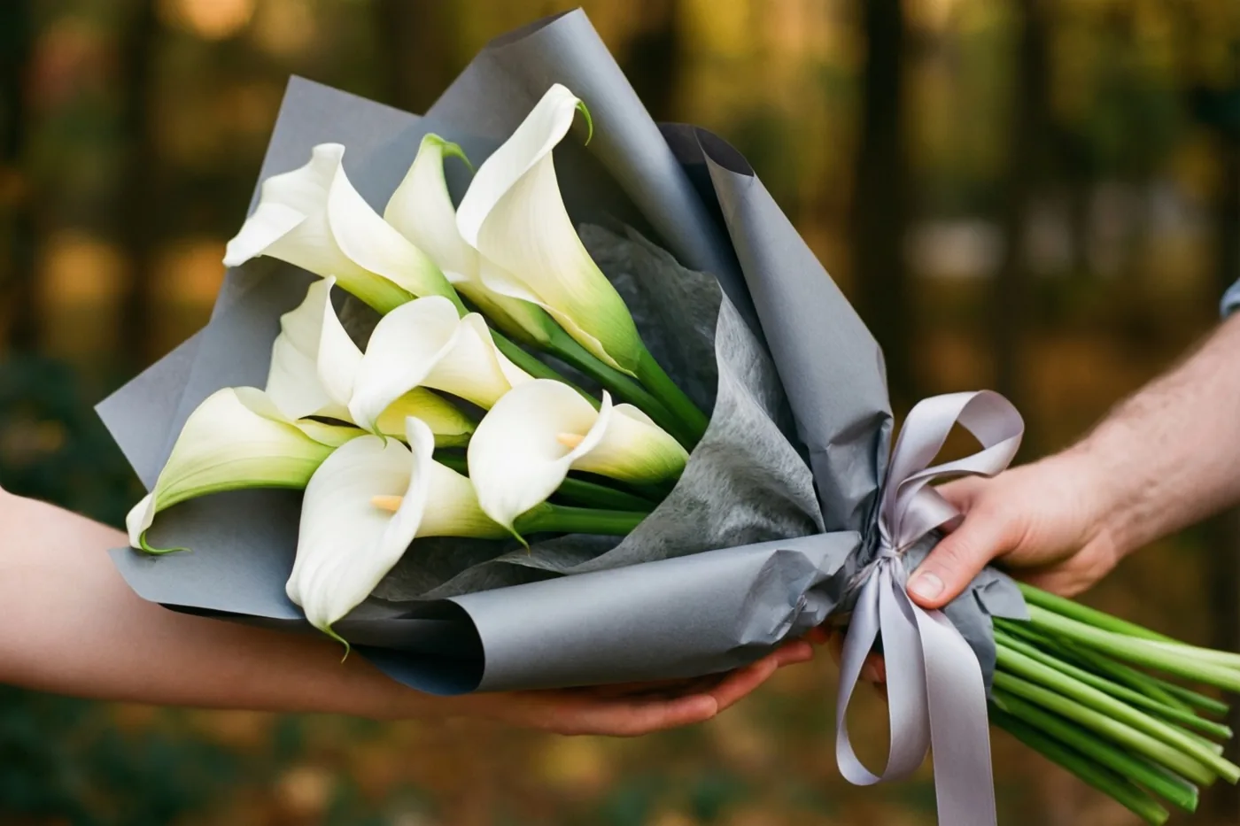 Twee handen reiken een smal boeket witte calla's aan, verpakt in grijs papier met een grijs zijden lint, tegen een wazige buitenachtergrond in warme goudtinten.