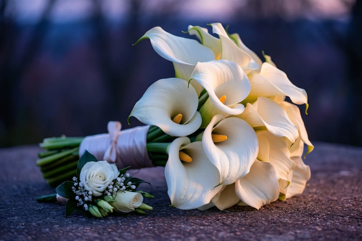 Een bruidsboeket witte calla’s met een lint ligt op een ondergrond met structuur naast een corsage met een witte roos, tegen een wazige blauw-paarse achtergrond.
