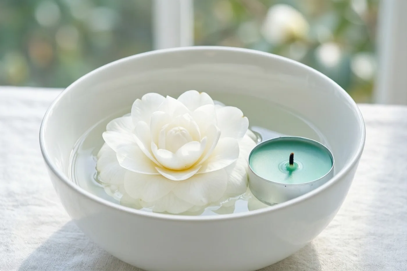 Een witte porseleinen kom met helder water, een drijvende witte camelia en een theelichtje staat op lichte stof voor een onscherpe groene achtergrond.