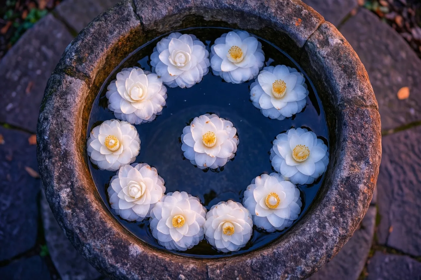 Witte camelliabloemen met gele hartjes drijven op het donkere water in een oude, verweerde stenen doopvont, in zacht licht.