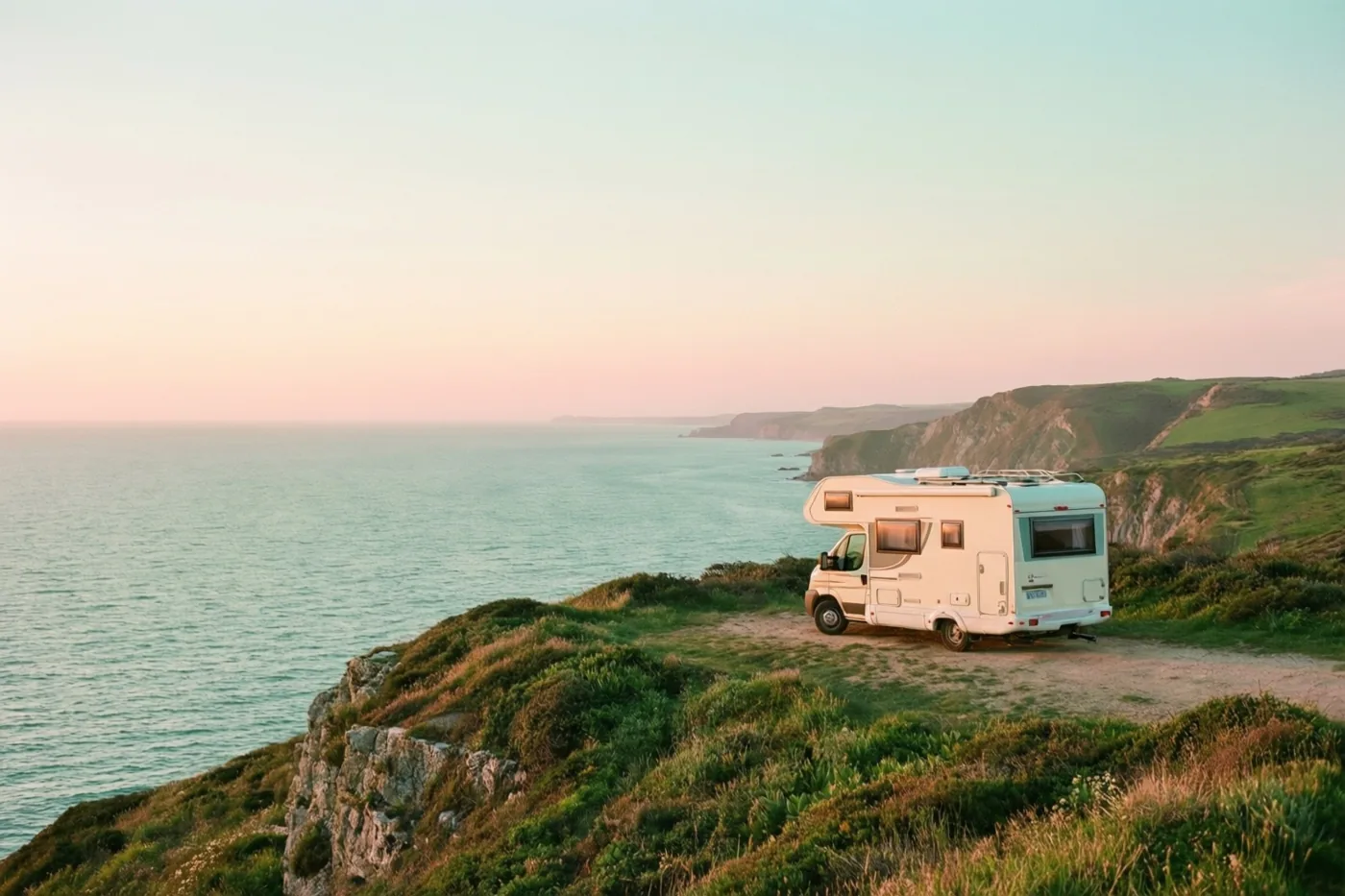 Een witte camper staat bij zonsondergang op een grasrijke klif boven de zee, met roze en blauwgroene pasteltinten in lucht en water.